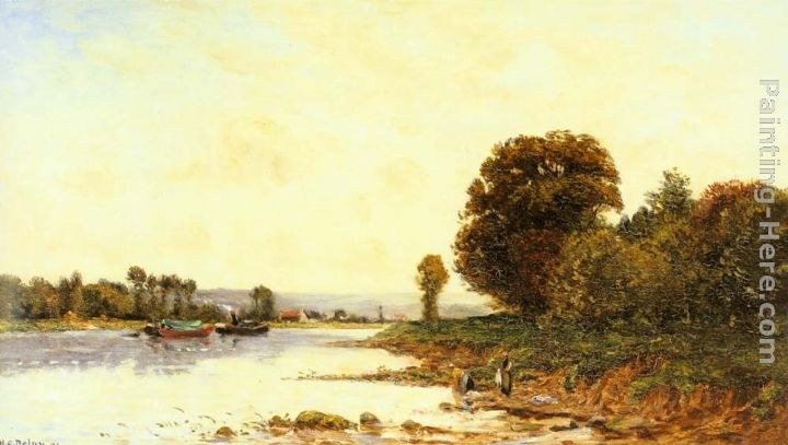 Hippolyte Camille Delpy Washerwomen in a River Lanscape with Steamboats beyond